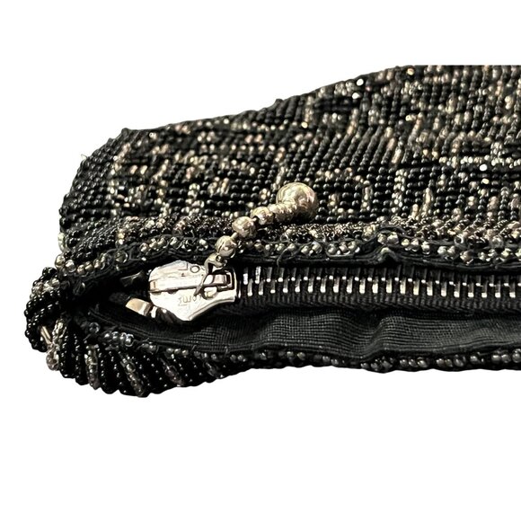 Vintage Black Beaded Evening Purse Tan/Silver Rhinestone Accents Tiny Used - Picture 6 of 12
